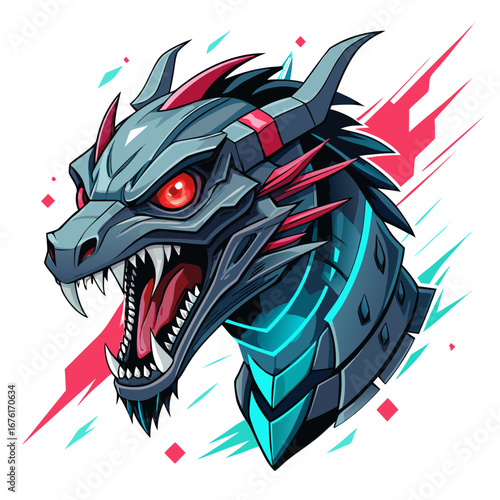 Cyber Dragon Head Mascot with Metallic Plating, Red Eye, and Motion Trails