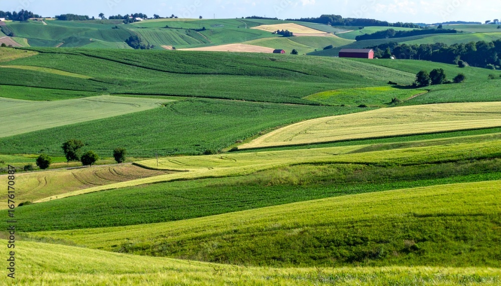 Fototapeta premium Serene Green Fields Under Bright Blue Sky in Rural Landscape