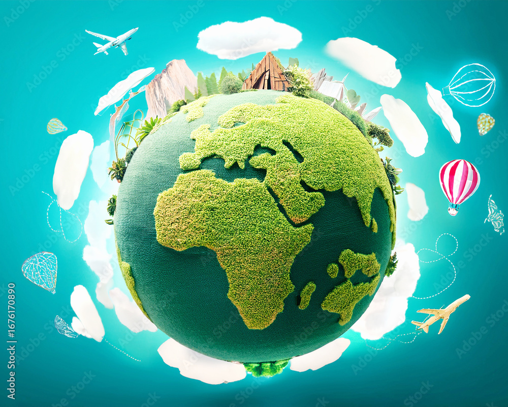Naklejka premium A vibrant green planet representing global travel and nature's beauty, surrounded by clouds, airplanes, and a hot air balloon.