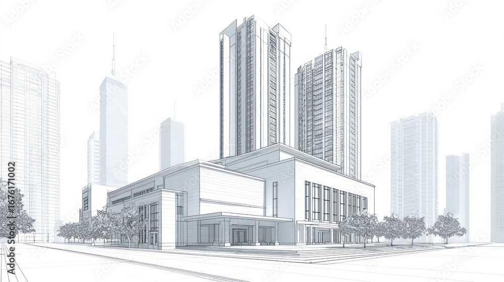 Fototapeta premium Urban sketch of buildings in city environment, rendered in grayscale pencil