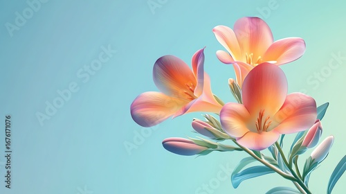 against a soft, light blue background, a cluster of luminous flowers and buds are presented,3D soft pop