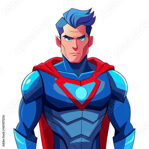 Stoic Superhero with Glowing Red Chestplate and Blue Armor in Comic-Inspired Vector Style