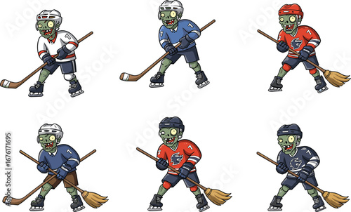 Funny zombie hockey players in cartoon style, skating with broomsticks and sticks, Halloween sports characters, isolated on white background.