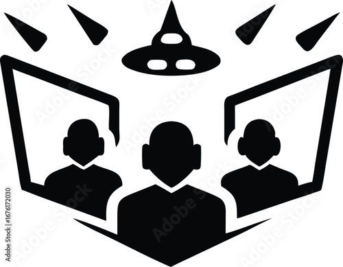 Black and White Icon of Three Silhouetted Figures Under a Spotlight with Geometric Frames people group