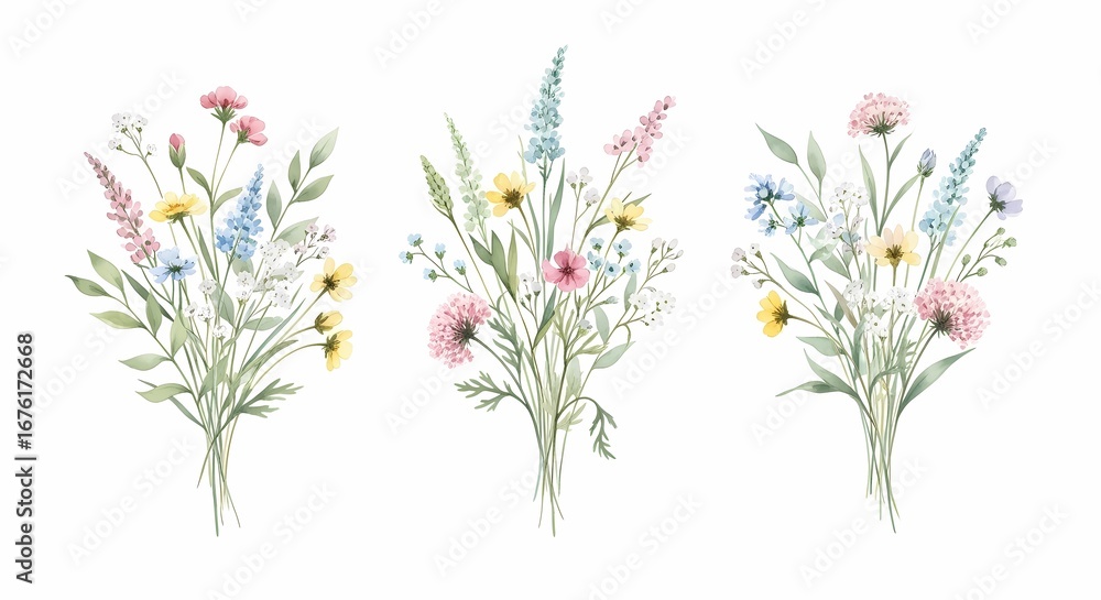 Naklejka premium Elegant wildflower bouquets for wedding invitations and spring designs bring a touch of nature with delicate blooms and soft pastel colors