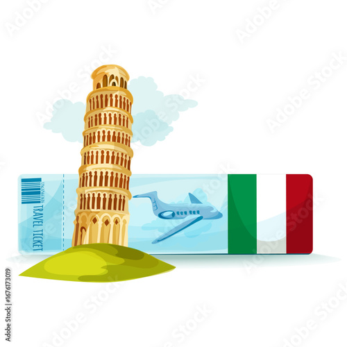 Italy Travel Icon with Leaning Tower Pisa, Plane and Ticket