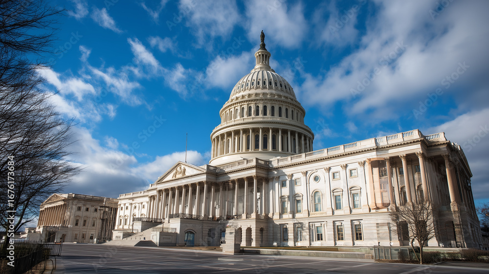 Naklejka premium United States Capitol building in Washington DC under blue sky with clouds, iconic government architecture