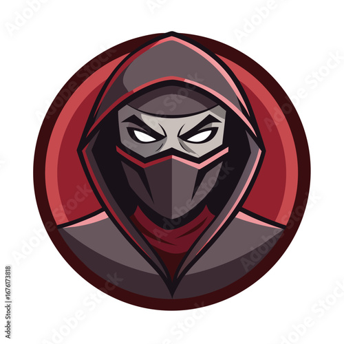 Stealthy Ninja Avatar in Muted Tones with Intense Eyes and Circular Frame Design