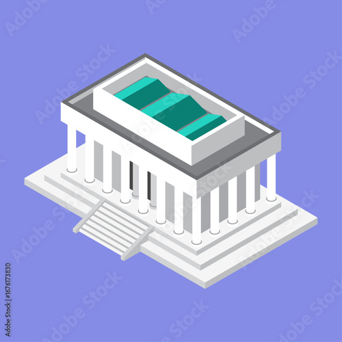 Isometric illustration of a classical building with columns on a blue background