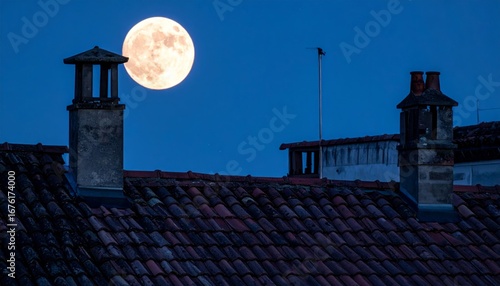 Wallpaper Mural Beautiful Full Moon Over Rooftops in a Serene Night Sky Torontodigital.ca