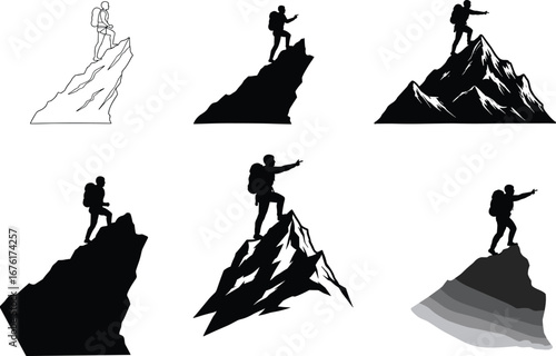 Hiking, mountain climbing, adventure travel, outdoor exploration, trekking, backpacking, summit view, wilderness, nature, exploration, peak, journey, expedition, silhouette, landscape, pointing