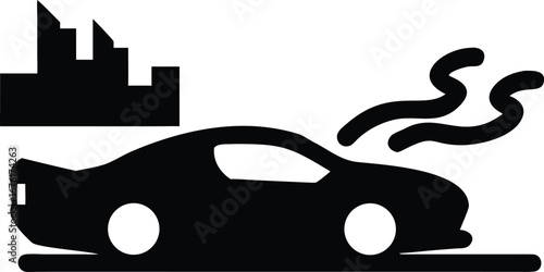 Black silhouette of a car emitting smoke next to a factory building on a white background pollution