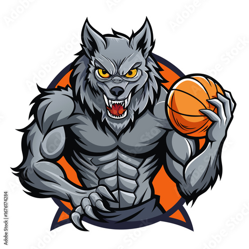 Werewolf Basketball Mascot in Grunge Badge