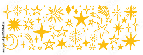 Hand drawn stars with rough ink edges and sketchy texture. Hand drawn.