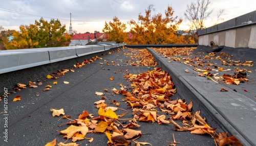 Autumn Leaves on Flat Roof Surrounded by Colorful Trees