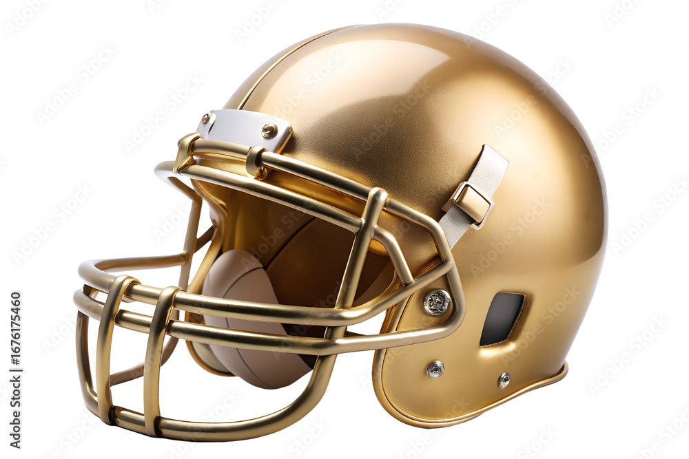 Fototapeta premium A shiny golden american football helmet with a face mask isolated on transparent background, perfect for sports and equipment related designs