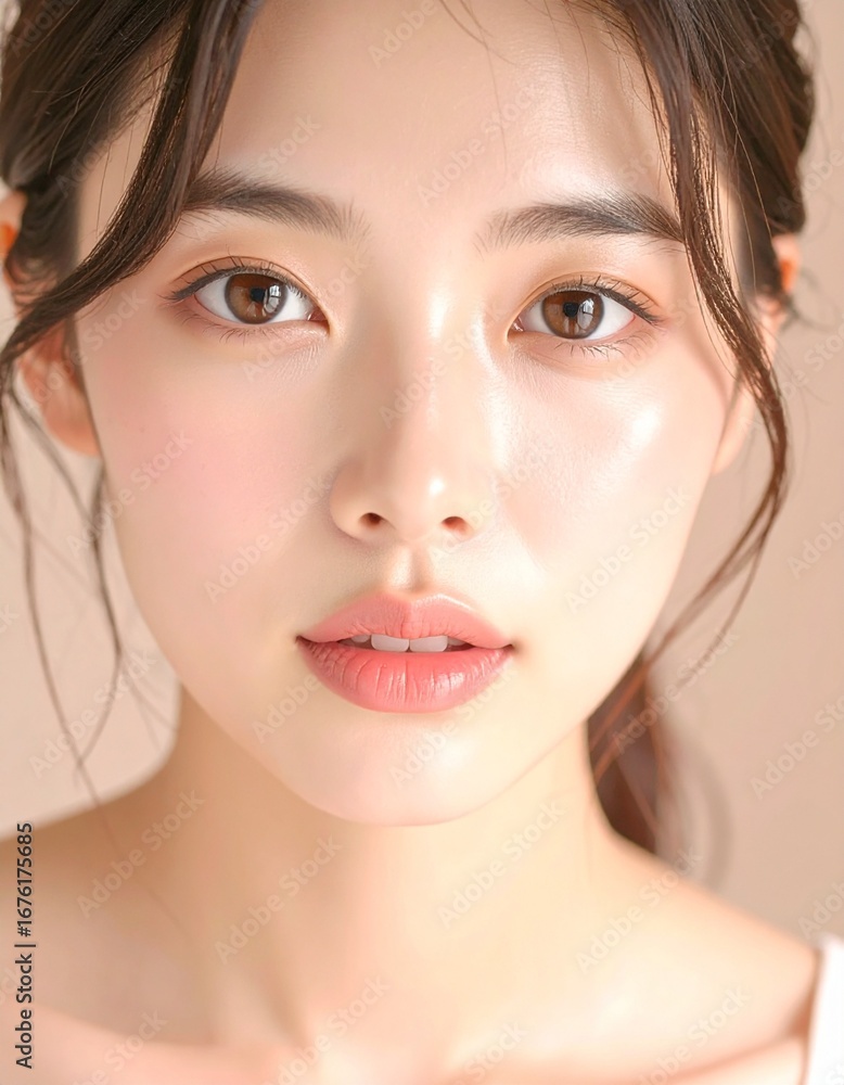 Naklejka premium 日本人, 超リアル, 若い美しい女性, 顔アップ, 滑らかな肌, ツヤのある肌質, ナチュラルメイク, 柔らかな光, 美容広告風, シネマティック, カメラ目線, 高画質, Japanese, ultra-realistic, young beautiful woman, face close-up, smooth skin, radiant complexion, natural makeup