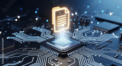 Glowing digital document icon emerges from a futuristic computer processor chip