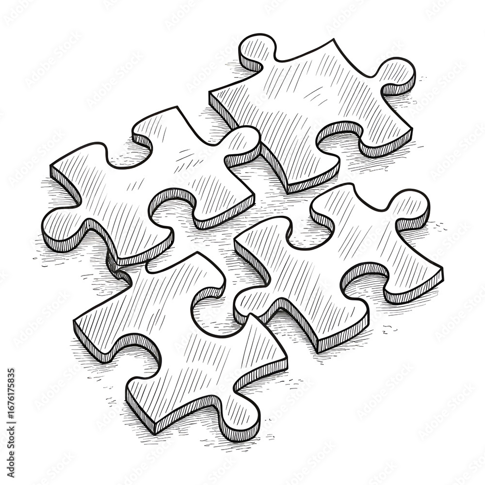Obraz premium Set of puzzle pieces with pencil outline, sketch style.