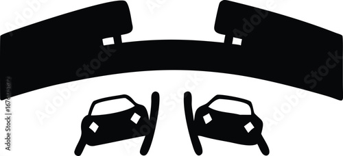 Black Silhouette of Two Cars Approaching a Divided Roadway on a White Background automobile vehicle