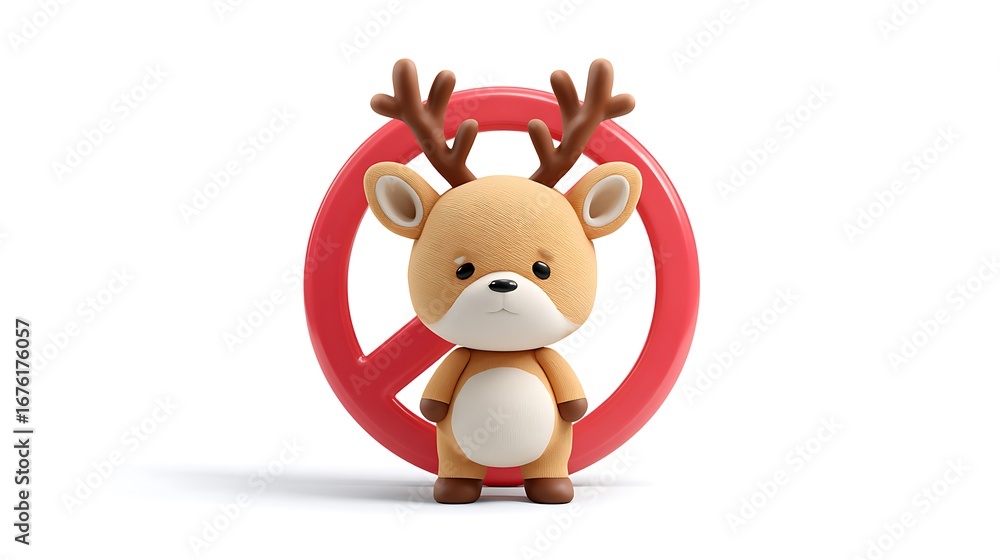 Naklejka premium 3d cartoon character of deer with red line prohibition sign