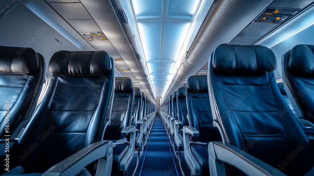 Fototapeta premium Airplane interior with rows of empty black leather seats and modern blue cabin lighting in commercial passenger jet 
