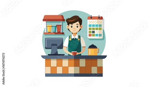 Friendly barista serving coffee at a cafe counter with a calendar