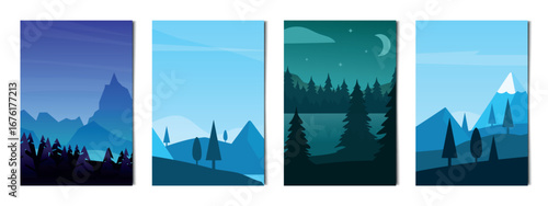Set of 4 pcs landscapes of mountains and forests - Vector illustration
