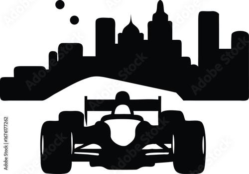 Silhouette of a racing car in front of a city skyline with bubbles formula