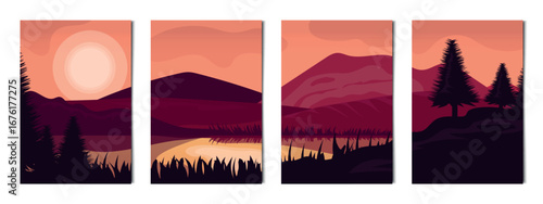 Set of 4 pcs landscapes of mountains and forests - Vector illustration