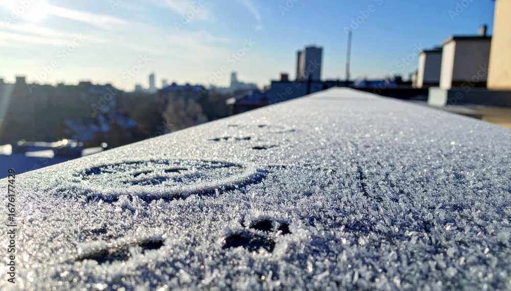 Obraz premium Frosty Winter Morning on a Roof with City Skyline in Background