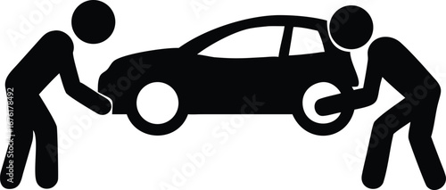 Two stylized figures pushing a car on a white background moving transport