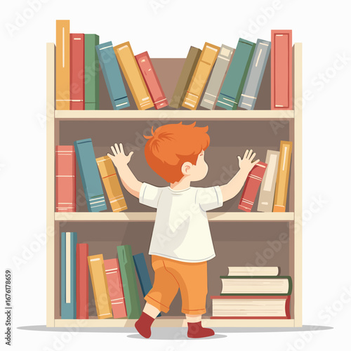 Young boy reaching for books on a colorful bookshelf  