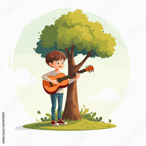 Young boy playing guitar under tree in a sunny outdoor setting  