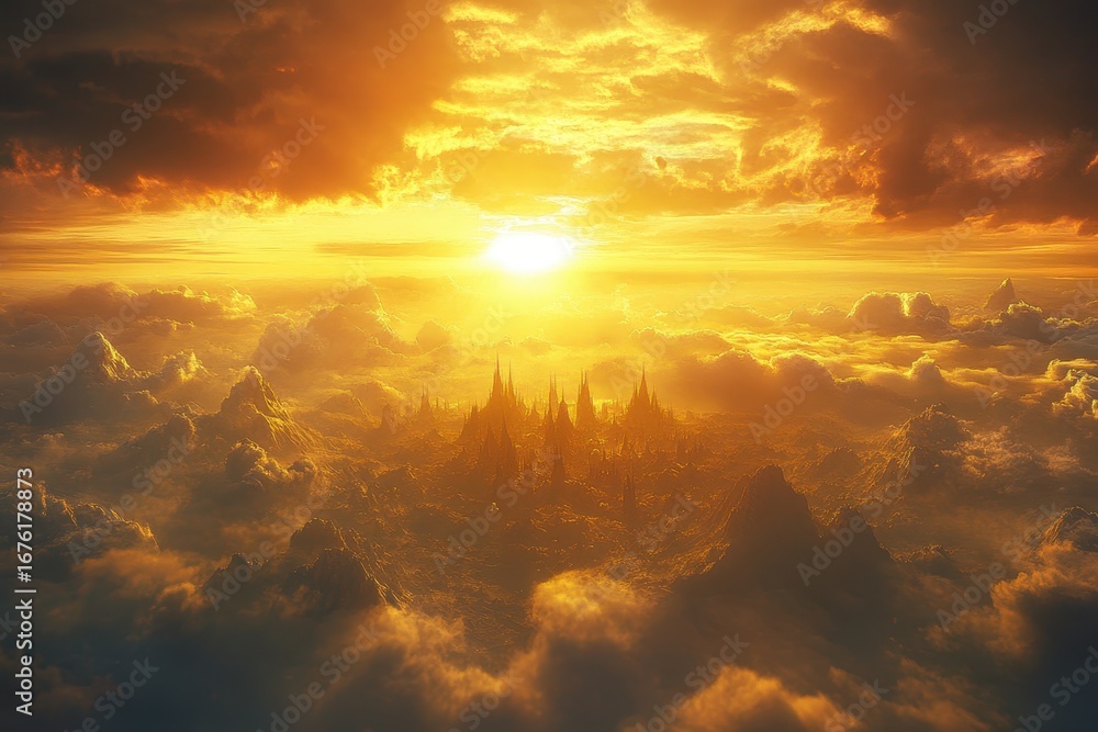 Obraz premium scenic of wonderful golden sunset skyline, scenic view of a skyline bathed in golden sunset light,