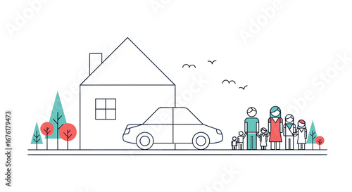 Illustration of a happy family standing outside their home with a car parked in the driveway on a sunny day