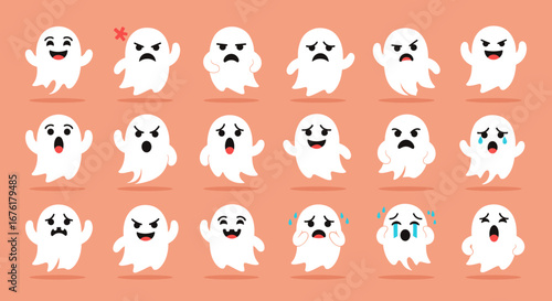 A spooky collection of diverse ghost emoticons expressing various emotions and feelings