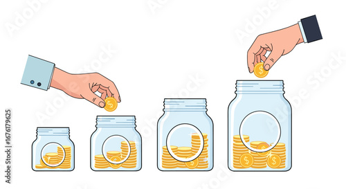Illustrating the concept of growing financial savings by depositing coins into progressively larger glass jars over time representing increasing wealth accumulation and investment growth
