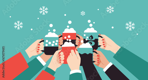Warm winter drinks celebration with friends toasting mugs together during snowfall