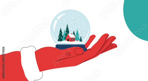 Santa claus offers a festive winter snow globe scene with a cozy cabin and evergreen trees