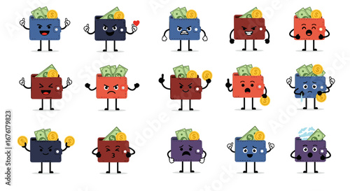 A comprehensive collection of expressive wallet characters demonstrating various emotions and financial activities