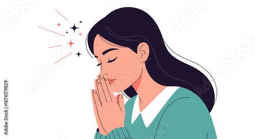 A woman clasps her hands together in a moment of deep thought and reflection surrounded by gentle sparkles