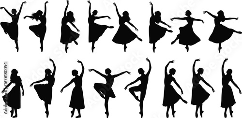 Ballet, dancer, silhouette, pose, elegant, movement, classical, dance, performance, pirouette, arabesque, flexibility, choreography, female, black, dress, graceful, posture, artistic, vector