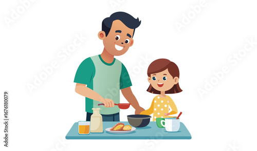 Father and daughter cooking together making breakfast meal fun family activity