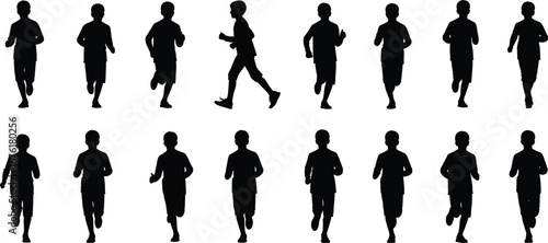 Running Cycle Silhouette Vector of Human Motion in Sixteen Poses for Animation, Biomechanics, Sports Training, and Educational Illustration Use