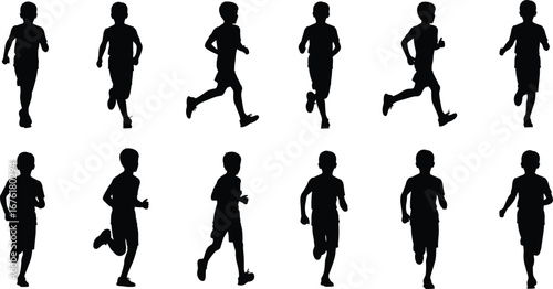 Silhouette sequence of running child showing athletic motion phases, sports biomechanics, gait cycle stages for animation, training, and educational vector illustration