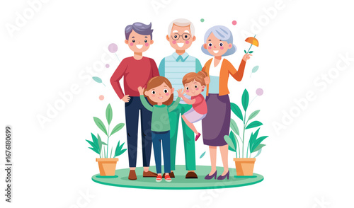 Happy multi generational family posing together outdoors with plants
