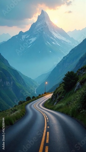 A winding road disappearing into a misty mountain range, symbolizing the potential for adventure and self-discovery on a life journey , freedom, scenic, nature