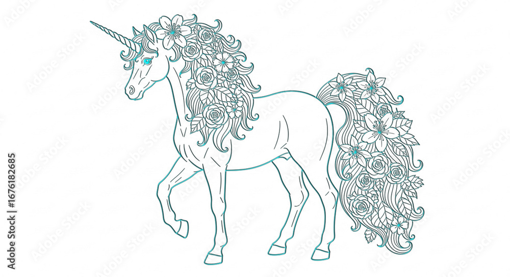Fototapeta premium Coloring page unicorn prances amid stars, hearts, and swirling mane, inviting vibrant marker magic. 