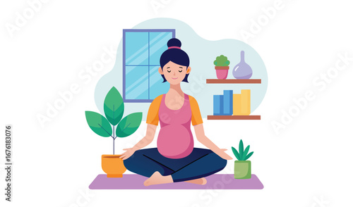 Pregnant woman meditating in lotus pose at home